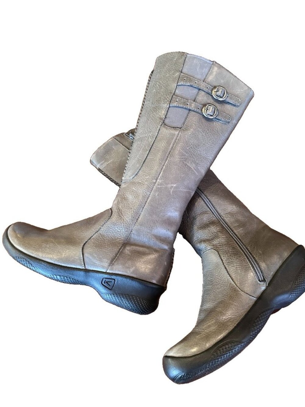 KEEN Bern Baby Women's 7.5 Grey Leather Riding Boots Buckle Side Zip Knee-High
